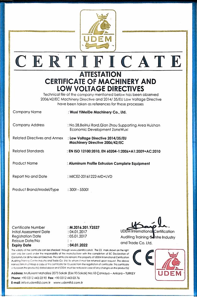 2017 Machinery and Low Voltage Directives Certificate